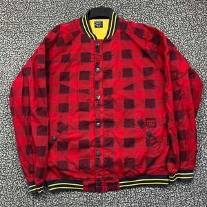 DC Shoes Mens Buffalo Plaid Bomber Jacket Red Black Check Snap Front XL Y2k